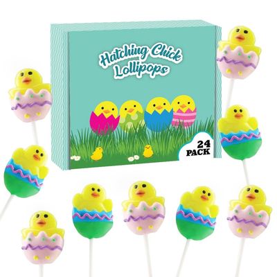 Easter Candy - Hatching Chick in Egg Lollipops - 24 Individually Wrapped Suckers Bulk - Cute Easter Basket Stuffers - Egg Hunt - Candy Dish