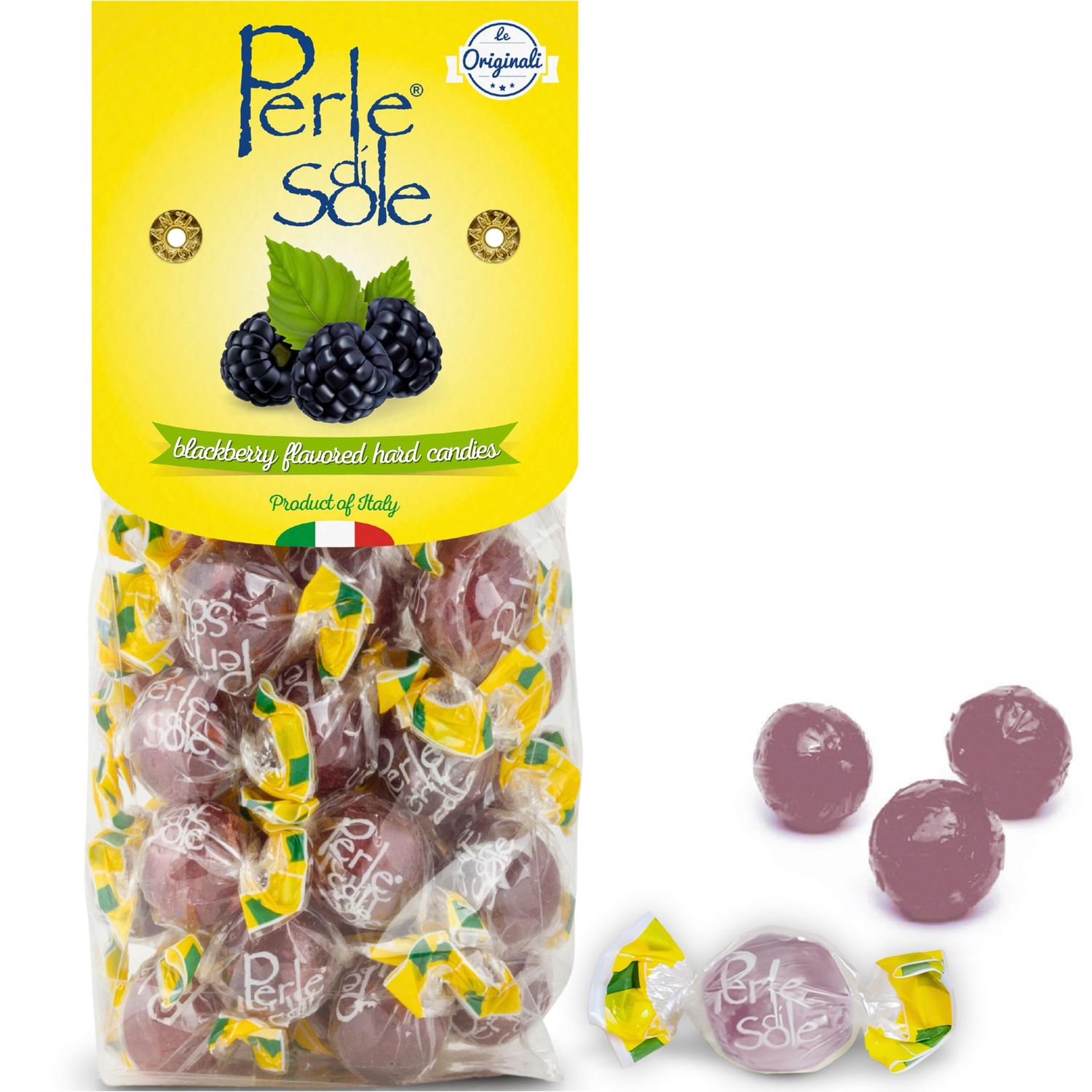Perle di Sole Blackberry Italian Hard Candy Individually Wrapped - Blackberry Candy with a Tart Fizzy Filling (7.05 oz 200 g) Single Pack