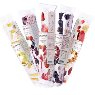 Quaranta Italian Nougat Fruit Bars 5 Bar Sampler - Soft Torrone Candy - 1 Bar of Each, Forest Fruits, Exotic Fruit, Sour Cherry, Lemon &amp; Strawberry - Gluten-Free, GMO-Free, Palm Oil-Free - 3.5 Oz Each