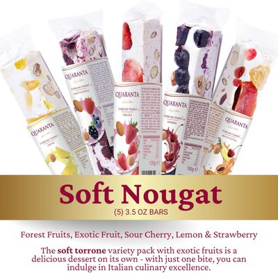 Quaranta Italian Nougat Fruit Bars 5 Bar Sampler - Soft Torrone Candy - 1 Bar of Each, Forest Fruits, Exotic Fruit, Sour Cherry, Lemon &amp; Strawberry - Gluten-Free, GMO-Free, Palm Oil-Free - 3.5 Oz Each