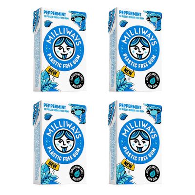 Milliways Peppermint Super Natural Gum - Plastic-Free Chewing Gum Xylitol, Aspartame-Free, Sugar-Free, Plant-Based 4 Packs of 10 Pieces (40 Pieces Total)