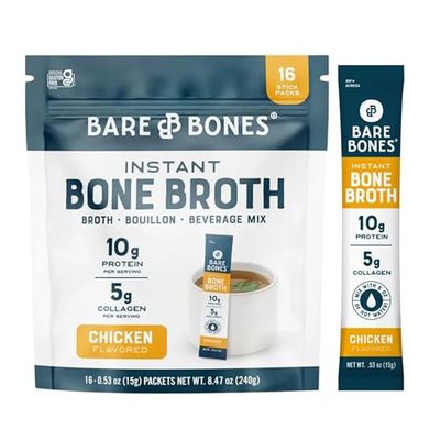 Bare Bones Chicken Bone Broth Instant Powdered Mix Rich Savory Packets on-the-Go No Artificial Flavors Keto &amp; Paleo Friendly 10g Protein 16 Pack