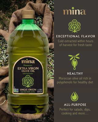 Mina Olive Oil Extra Virgin 68 Fl Oz, New Harvest, Polyphenol Rich Moroccan Extra Virgin Olive Oil, Single Origin, Early Harvest, Cold Extraction, Less than 0.2% Acidity, 2 L