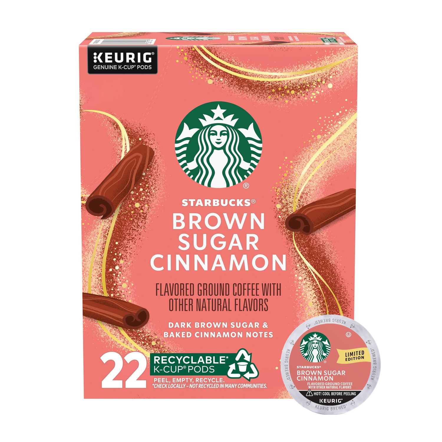 Starbucks K-Cup Coffee Pods, Brown Sugar Cinnamon Flavored Coffee for Keurig Coffee Makers, 100% Arabica, Limited Edition, 1 Box (22 Pods)