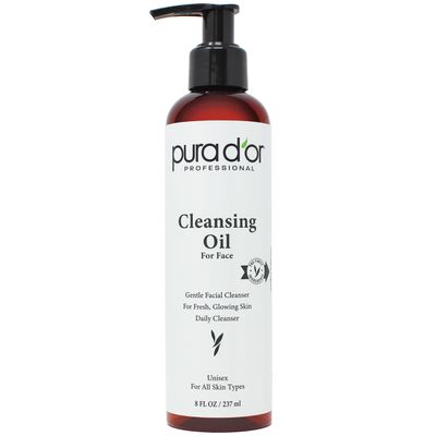 PURA D&#39;OR 8 Oz Facial Cleansing Oil - Nourishing Botanical Blend with &amp; Vitamin, Jojoba and Sunflower Oil - Gentle Makeup Remover &amp; Deep Cleanser For Healthy, Glowing Skin - Paraben-Free Beauty