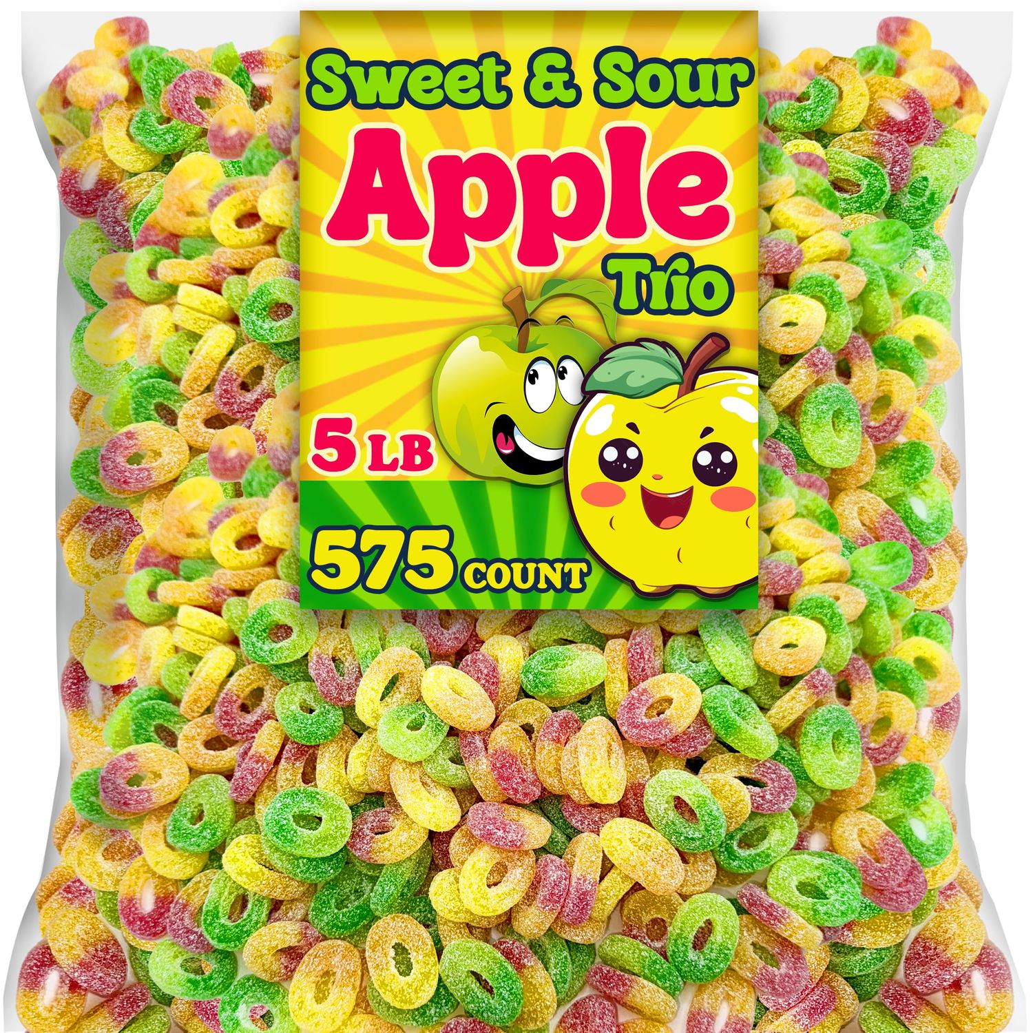 Sweet &amp; Sour Apple Trio Vegan Gummy Candy, Bulk 5 Lbs, Assorted Apple Flavored Gummies, Fat Free, Nut Free, Gluten Free Healthy Sour Candy for Parties and Snacking