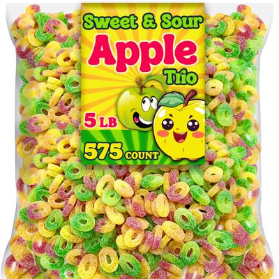 Sweet &amp; Sour Apple Trio Vegan Gummy Candy, Bulk 5 Lbs, Assorted Apple Flavored Gummies, Fat Free, Nut Free, Gluten Free Healthy Sour Candy for Parties and Snacking