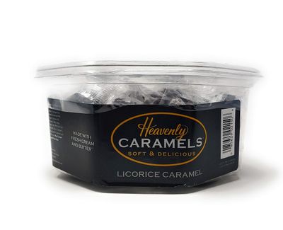 J Morgan Confections Heavenly Caramel Licorice Flavor 45 Count Tub Gourmet Soft and Chewy Butter Caramel Candies Hand-Crafted Golden Treats