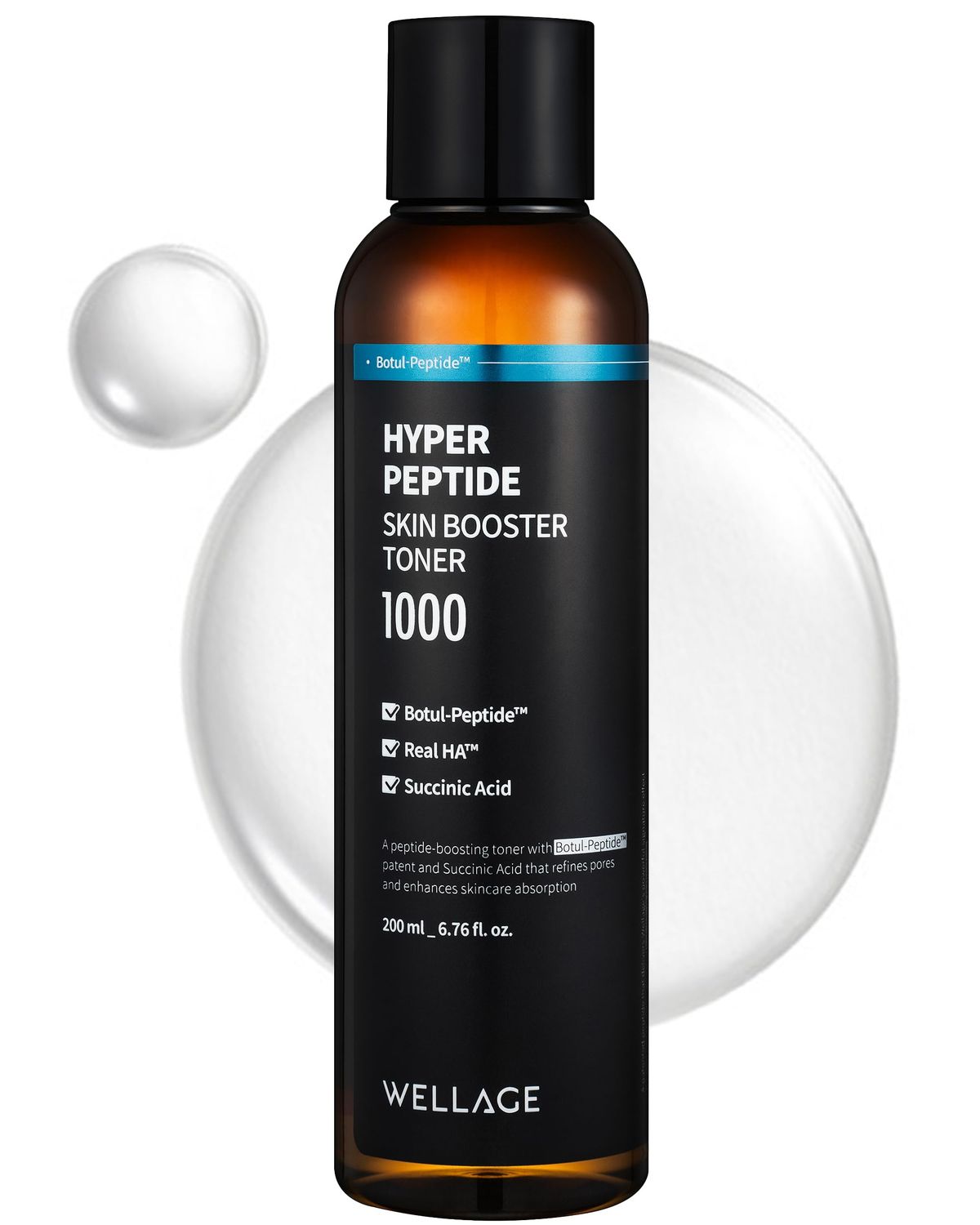WELLAGE Hyper Peptide Skin Booster Face Toner - Korean Facial Astringent for Anti-Aging, Wrinkle Improvement, Elasticity Enhancement with Botul-Peptide, K-Beauty Skincare, 6.76 fl.oz.