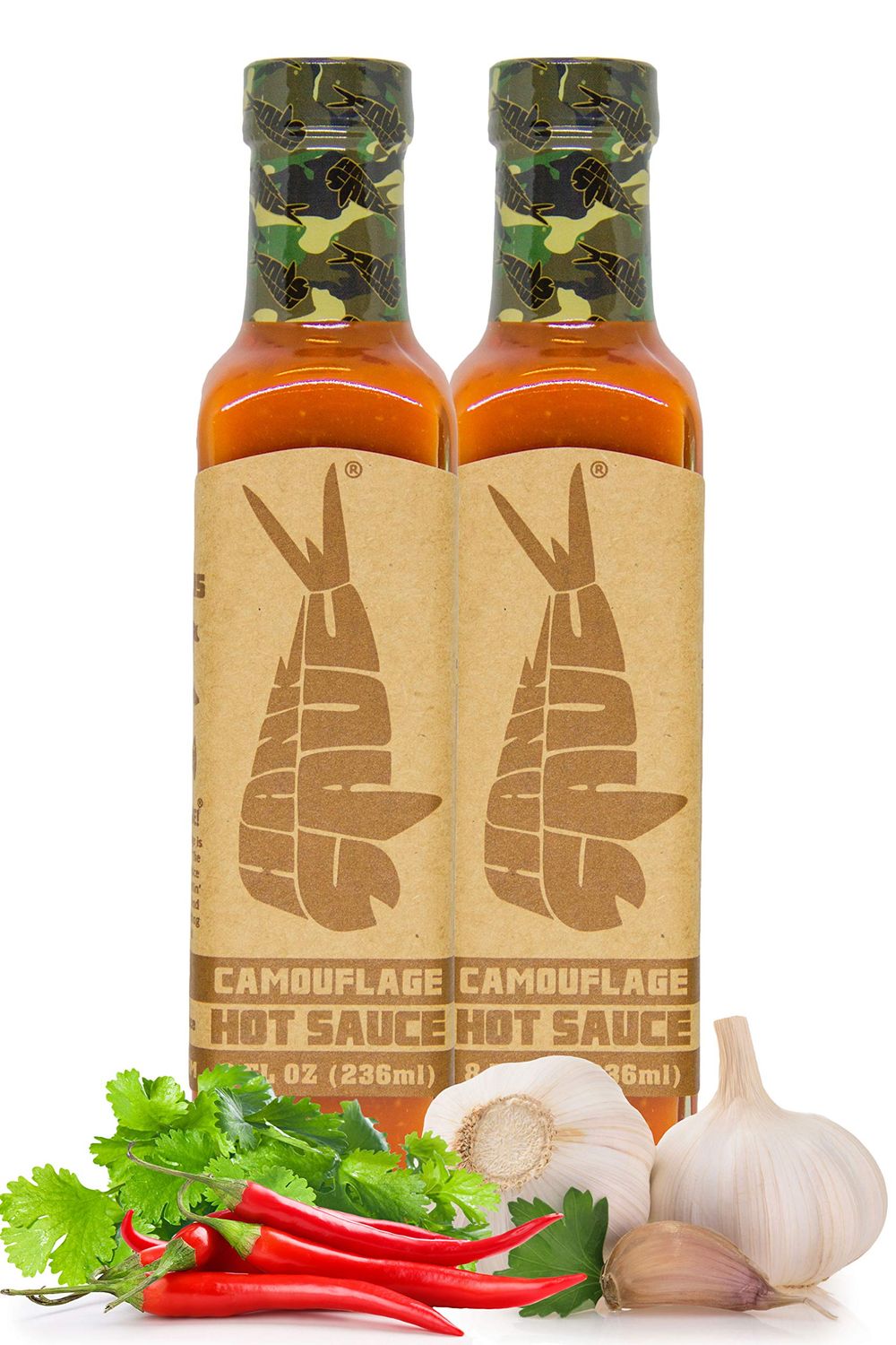 Hank Sauce Camouflage Hot Sauce - Versatile Hot Pepper Sauce with Fresh Cilantro, Garlic &amp; Aged Peppers - Hot Garlic Sauce with Mild Heat &amp; Unique Flavor - Multipurpose Wing Sauce - 2 x 8 Ounces