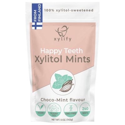 Xylitol Mints for Oral Care - Choco-Mint flavor, 100% Xylitol sweetened, Sugar Free Candy, Happy Teeth dental mints from Finland, 5oz - 240 mints
