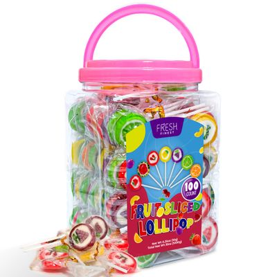 Fresh Finest Bulk Fruit Slices Lollipops - 100 Individually Wrapped Lollipops (1000g). Assorted Fruit Flavors.