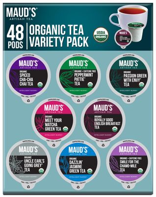 Maud&#39;s 8 Blend Organic Tea Pods Variety Pack, 48 ct, 8 Assorted Flavors, Recyclable Single Serve Pods -100% Gourmet Blended Tea Leaves, Compatible with Keurig K Cups Maker