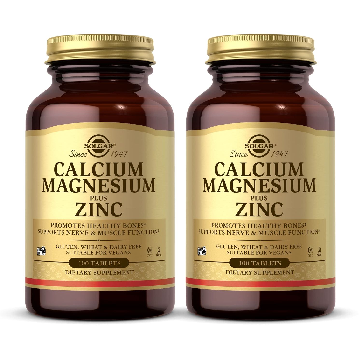 Solgar Calcium Magnesium Plus Zinc - 100 Tablets, Pack of 2 - Promotes Healthy Bones, Supports Nerve Muscle Function - Non-GMO, Vegan, Gluten Free - Approx. 66 Total Servings