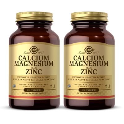 Solgar Calcium Magnesium Plus Zinc - 100 Tablets, Pack of 2 - Promotes Healthy Bones, Supports Nerve Muscle Function - Non-GMO, Vegan, Gluten Free - Approx. 66 Total Servings