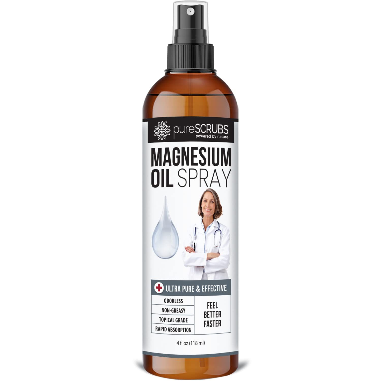 Fast Acting Pure Topical Magnesium Oil Spray for Feet, Skin, Body, Ultra Fast Absorption for Better Health, Pure Zechstein Brine - (4 fl oz - 1pk)