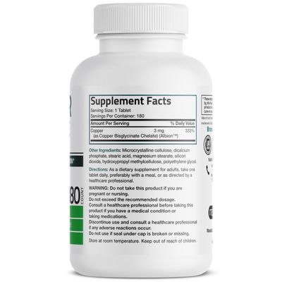 Bronson Copper Glycinate 3mg Chelated Superior Absorption Non-GMO, 180 Vegetarian Tablets
