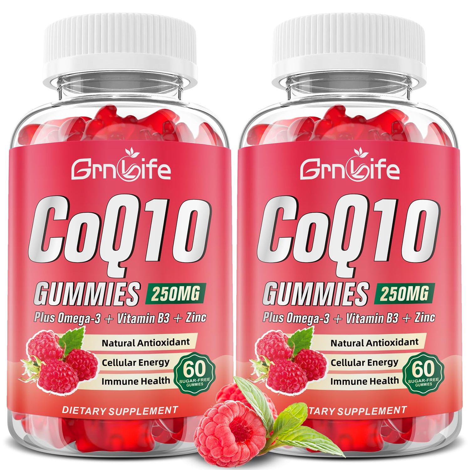 Sugar Free CoQ10 Gummies, CoQ10 250mg, Plus Omega-3, Vitamin B3 Zinc, High Absorption Coenzyme Q10 Supplements for Cellular Energy, Antioxidant, Raspberry Flavor, 120 Count