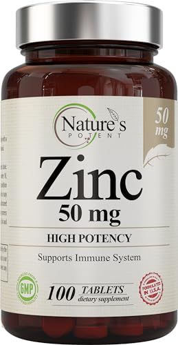Zinc 50mg High Potency Supplement - Immune Support System from Natural Zinc (OxideCitrate) 100 Tablets, Made by Nature s Potent.