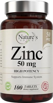Zinc 50mg High Potency Supplement - Immune Support System from Natural Zinc (OxideCitrate) 100 Tablets, Made by Nature s Potent.