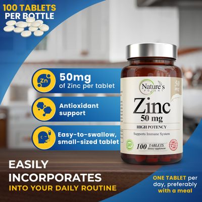 Zinc 50mg High Potency Supplement - Immune Support System from Natural Zinc (OxideCitrate) 100 Tablets, Made by Nature s Potent.