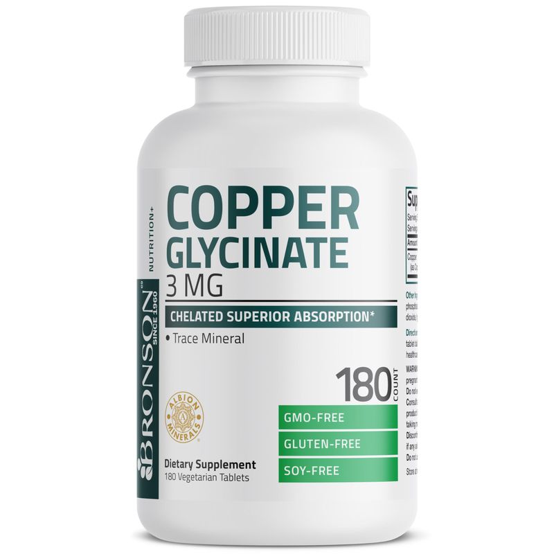 Bronson Copper Glycinate 3mg Chelated Superior Absorption Non-GMO, 180 Vegetarian Tablets