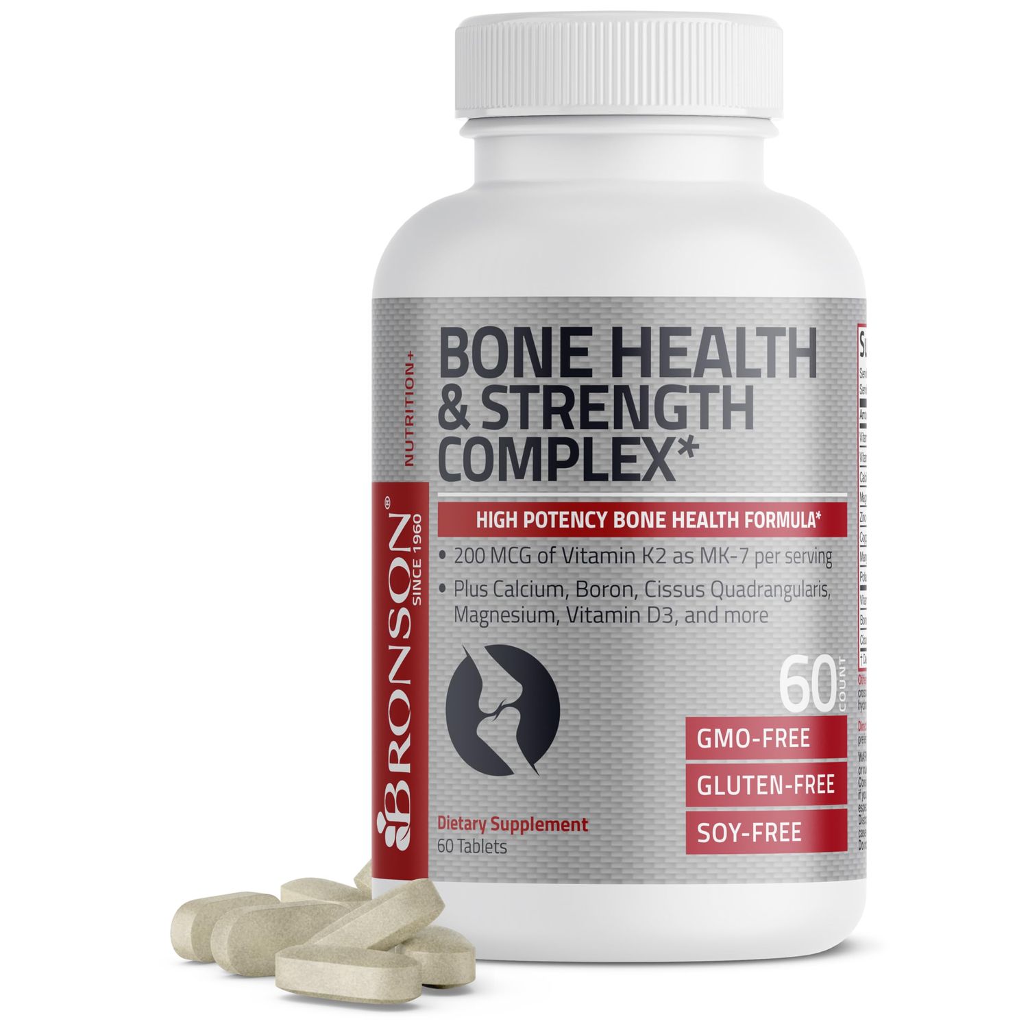 Bronson Bone Health Strength Complex High Potency Formula 200 MCG of Vitamin K2 as MK7, Plus Calcium, Boron, Cissus Quadrangularis, Magnesium, Vitamin D3, and More - Non-GMO, 60 Tablets