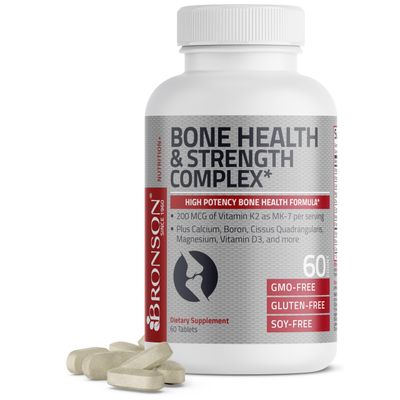Bronson Bone Health Strength Complex High Potency Formula 200 MCG of Vitamin K2 as MK7, Plus Calcium, Boron, Cissus Quadrangularis, Magnesium, Vitamin D3, and More - Non-GMO, 60 Tablets