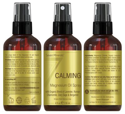 Seven Minerals Calming Magnesium Spray 100 Percent Natural Essential Oils Blend - Made in USA (Lavender, Roman Chamomile, Clary Sage, and Bergamot) eBook Included (New)