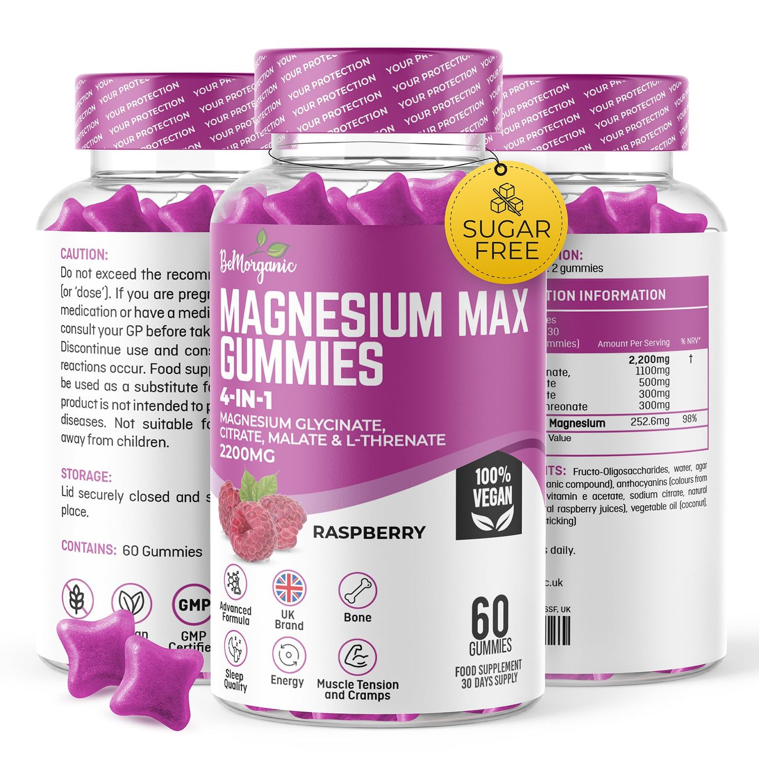 BeMorganic Magnesium Max Gummies - 4 in 1 Magnesium glycinate, Magnesium Citrate, Magnesium Threonate, Magnesium Malate 252.6mg Elemental Magnesium Vegan Gummies Gluten Free - 30 Days Supply