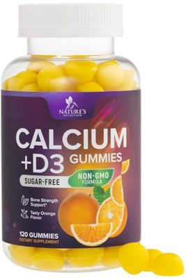 Sugar Free Calcium Gummy Bites Plus 400 IU Vitamin D3, Bone Health Immune Support - Chewable Calcium Nutrition Supplement, Non-GMO, Orange Flavor Chews - 120 Gummies