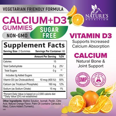Sugar Free Calcium Gummy Bites Plus 400 IU Vitamin D3, Bone Health Immune Support - Chewable Calcium Nutrition Supplement, Non-GMO, Orange Flavor Chews - 120 Gummies
