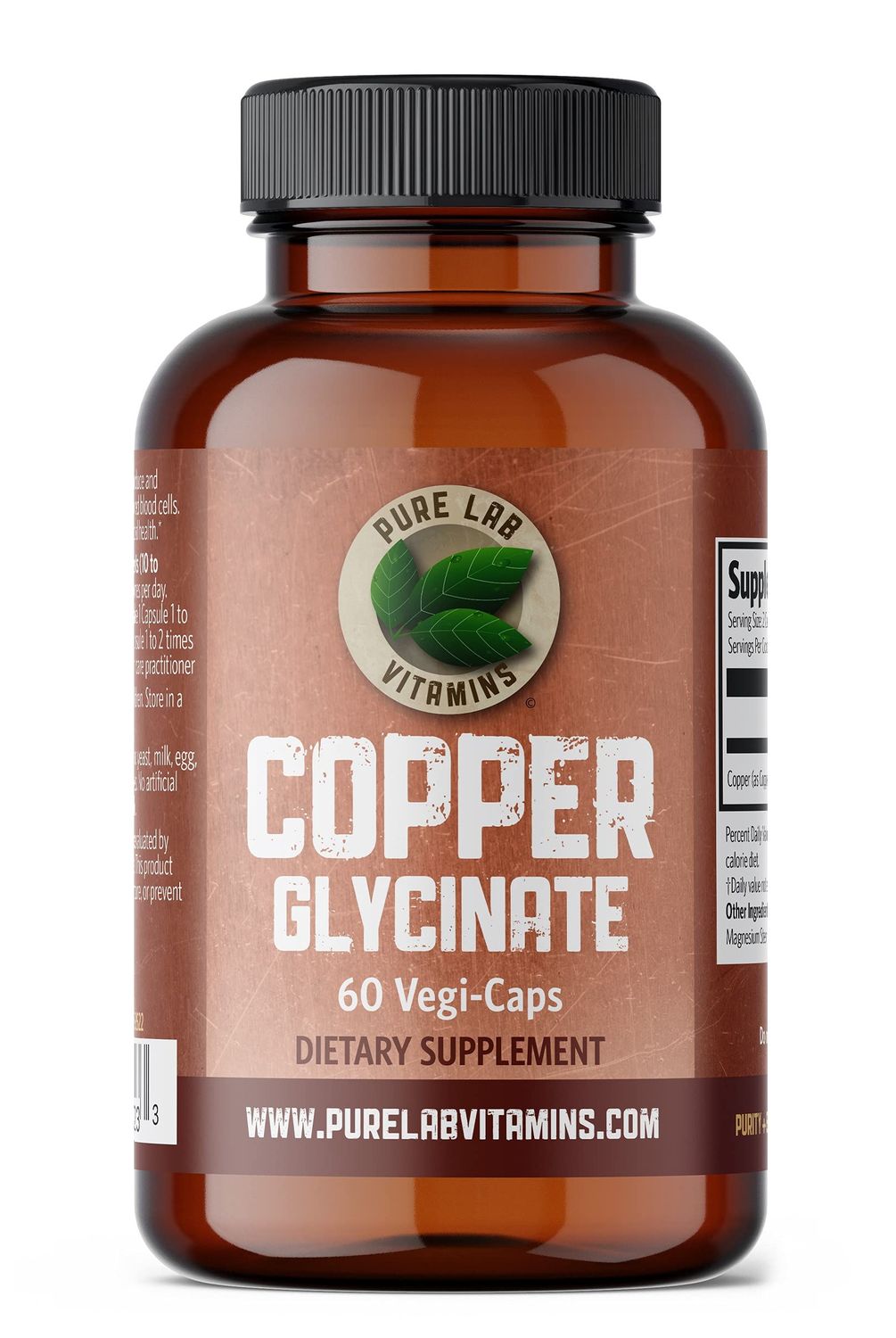 Pure Lab Vitamins Copper Glycinate Mineral Supplement -1 mg - 60 Vegan Caps Essential for Collagen Production, Supports Immune System Red Blood Cell Formation - Gluten Free Made in Canada