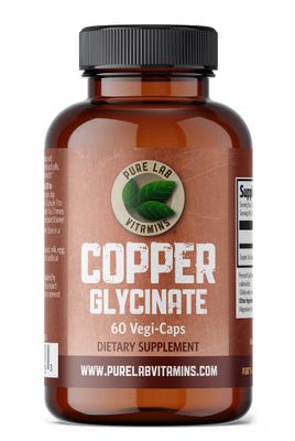Pure Lab Vitamins Copper Glycinate Mineral Supplement -1 mg - 60 Vegan Caps Essential for Collagen Production, Supports Immune System Red Blood Cell Formation - Gluten Free Made in Canada