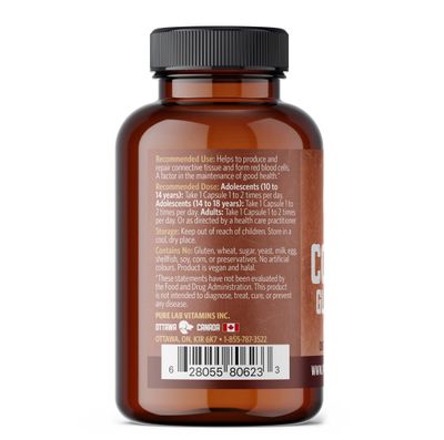 Pure Lab Vitamins Copper Glycinate Mineral Supplement -1 mg - 60 Vegan Caps Essential for Collagen Production, Supports Immune System Red Blood Cell Formation - Gluten Free Made in Canada