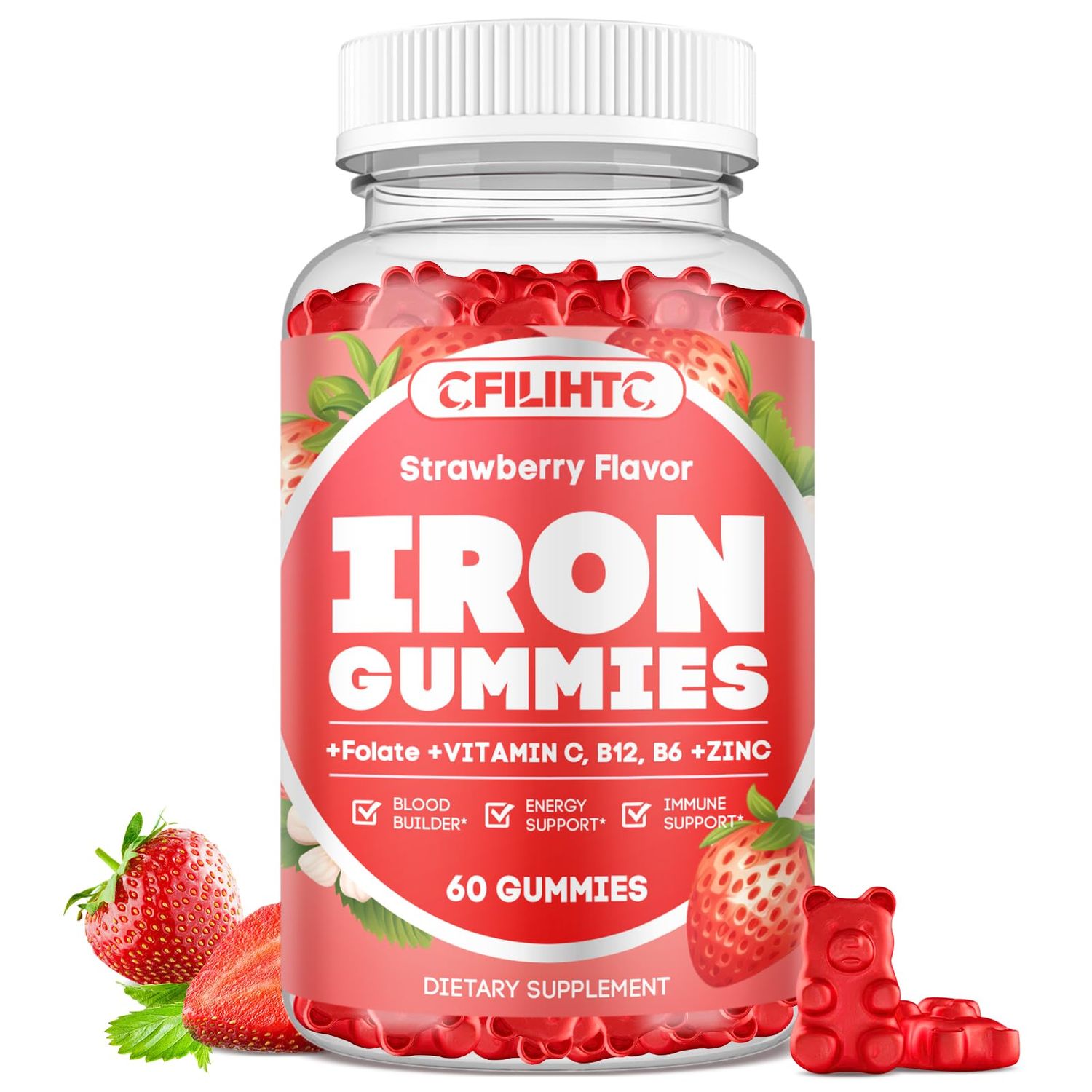 Iron Gummies for Women Men - Iron Supplement with Vitamin B6, B12, C, Zinc, Folate for Adults Kids - Support Iron Deficiency, Anemia, Energy Boost, Blood Builder - Sugar Free Vegan 60ct Strawberry