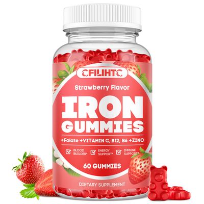 Iron Gummies for Women Men - Iron Supplement with Vitamin B6, B12, C, Zinc, Folate for Adults Kids - Support Iron Deficiency, Anemia, Energy Boost, Blood Builder - Sugar Free Vegan 60ct Strawberry