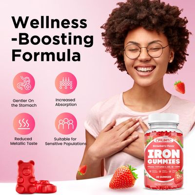 Iron Gummies for Women Men - Iron Supplement with Vitamin B6, B12, C, Zinc, Folate for Adults Kids - Support Iron Deficiency, Anemia, Energy Boost, Blood Builder - Sugar Free Vegan 60ct Strawberry