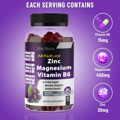 ZincMagnesiumVitamin B6 Max Strength Gummies - Potent All-Natural Zinc, Magnesium, B6 for Immune Support and Muscle Energy Recovery Elite Alpha