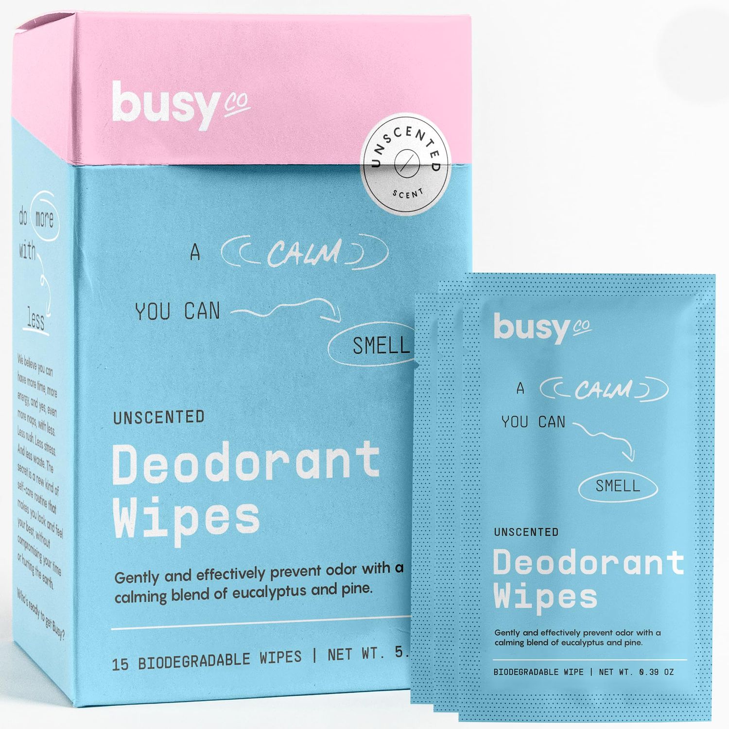 Calm Line Deodorant Wipes - 15ct Unscented Deodorant for Women wZinc, Prebiotics Papaya - Individually Wrapped - Sweat Wipes for Gentle Brightening, Odor Control Cleansing