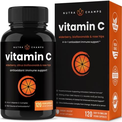 NutraChamps Vitamin C 1000mg with Rose HIPS, Vitamin C Supplement with Elderberry Citrus Bioflavonoids, Kids Immune Boosting Supplement, 500mg Vitamin C Capsules Pill