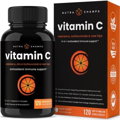 NutraChamps Vitamin C 1000mg with Rose HIPS, Vitamin C Supplement with Elderberry Citrus Bioflavonoids, Kids Immune Boosting Supplement, 500mg Vitamin C Capsules Pill