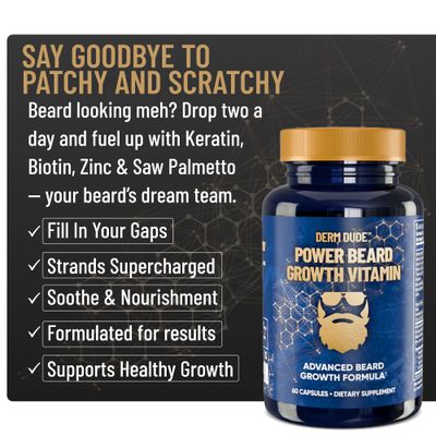 Derm Dude Power Beard Growth Vitamins for Men With Biotin 10K MCG, Zinc B12 Saw Palmetto Keratin for Healthier Thicker Fuller Stronger Facial Hair Restore Hair Breakage Thinning, 60 Capsules