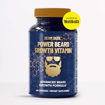 Derm Dude Power Beard Growth Vitamins for Men With Biotin 10K MCG, Zinc B12 Saw Palmetto Keratin for Healthier Thicker Fuller Stronger Facial Hair Restore Hair Breakage Thinning, 60 Capsules