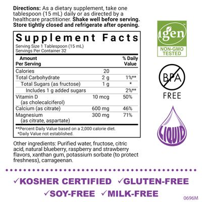 Bluebonnet Nutrition Liquid Calcium Citrate, Magnesium, Vitamin D3, Bone Health, Gluten Free, Soy Free, Milk Free, Kosher, 16 fl oz, 32 Servings, Mixed Berry Flavor