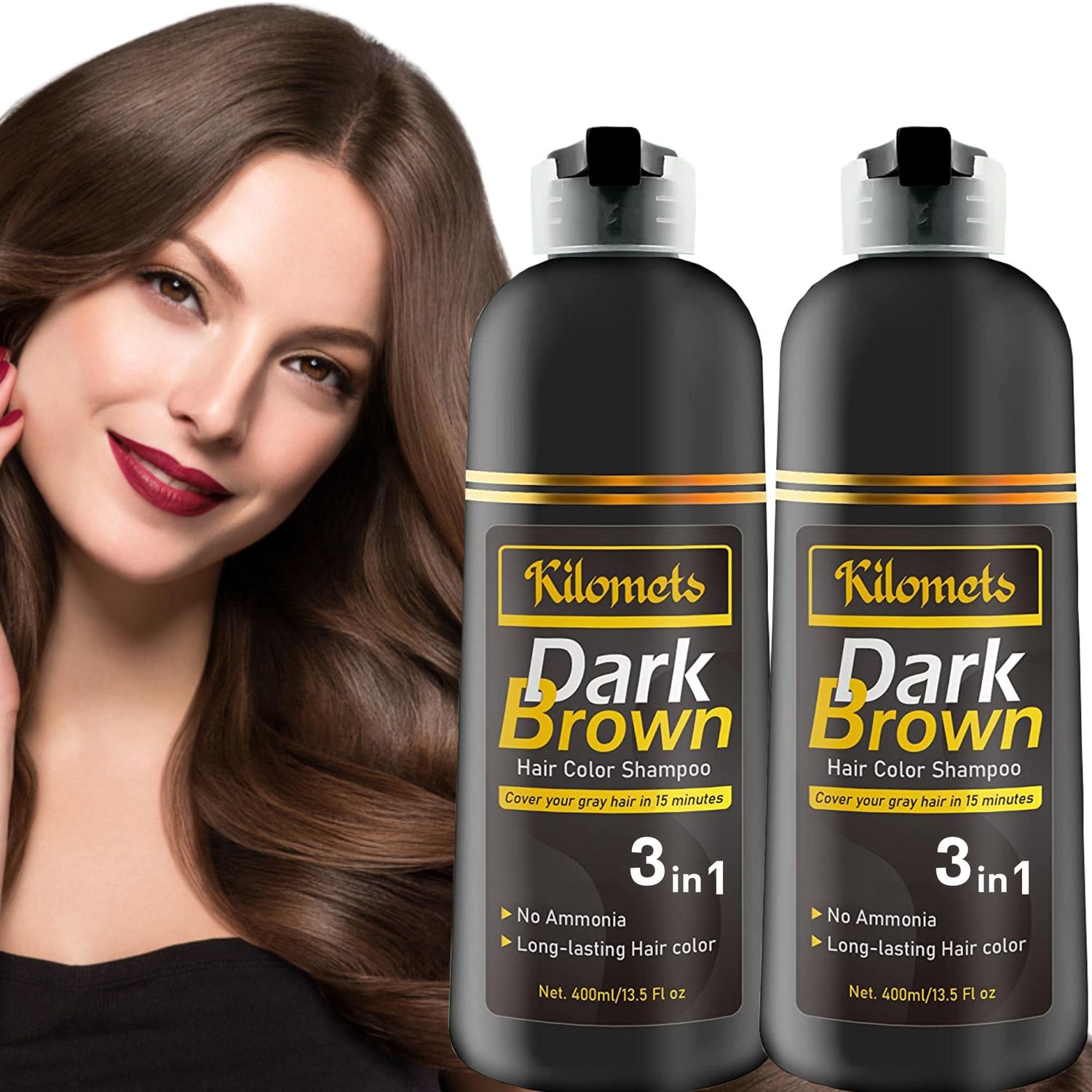 Kilomets Dark Brown Hair Dye Shampoo 400ml- 100 Grey Coverage in Minutes - Ammonia Free Hair Color Shampoo Gray Silver Hair (Dark Brown Pack 2)