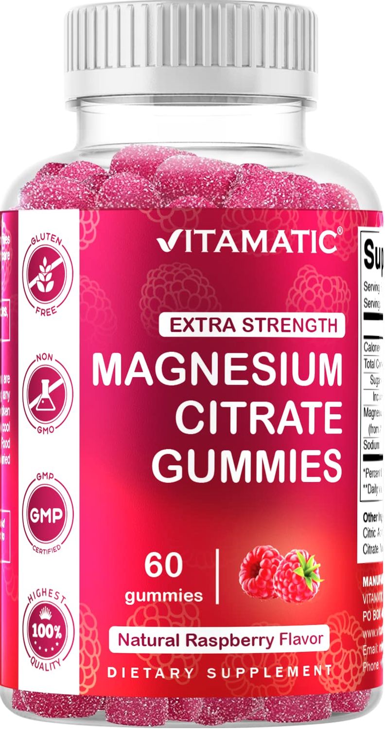 Vitamatic Extra Strength Magnesium Gummies - 255 mg (Elemental Magnesium) per Serving - 60 Vegan Gummies Supports Relaxation, Muscle Nerve Function, Bone Health Energy Production