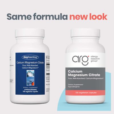 Allergy Research Group Calcium Magnesium Citrate Supplement - Bone Health, with Calcium Citrate, Pure, Well-Absorbed, Vegetarian Capsules - 100 Count