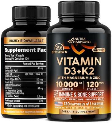 Vitamin D3 K2 - Vitamin D3 10000 iu K2 as MK-7 120 mcg - Immune Mood Support, for Bone Teeth Health - with Magnesium, Zinc Vitamin C B12 - Highly Bioavailable - Made in USA, 120 Capsules