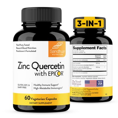 Sandhu s Zinc Quercetin with EpiCor 60 Vegetarian Capsules - Gluten-Free Zinc Supplement - High Potency Immune Support
